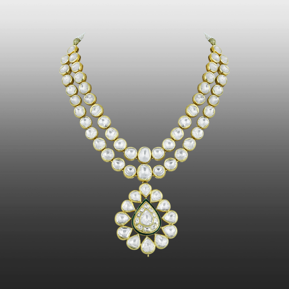 Double-Layer Polki Necklace with Floral Pendant